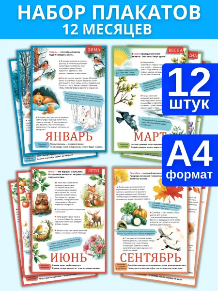 Снаб 78 Набор обучающих плакатов на стену Временя года - 12 месяцев