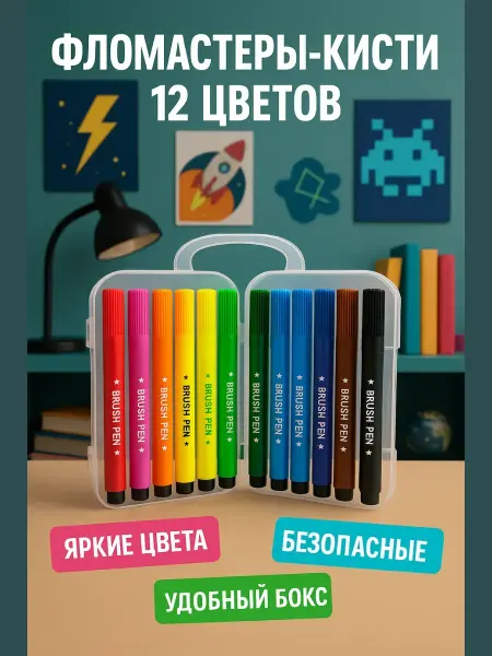 AKU94 Фломастеры кисти 12 цветов на водной основе в школу