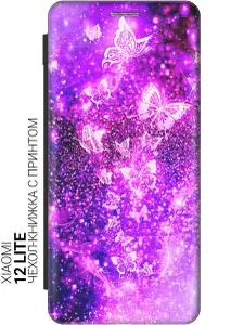 Чехол-книжка на Xiaomi 12 Lite / Сяоми 12 Лайт с рисунком "Фиолетовые бабочки" черный