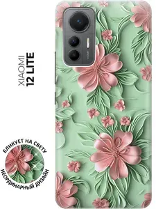 Силиконовый чехол на Xiaomi 12 Lite с принтом "Розовые цветы на мятном фоне"