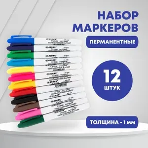 Набор перманентных маркеров 12 цветов, острый наконечник, светостойкий водостойкий, 12 шт