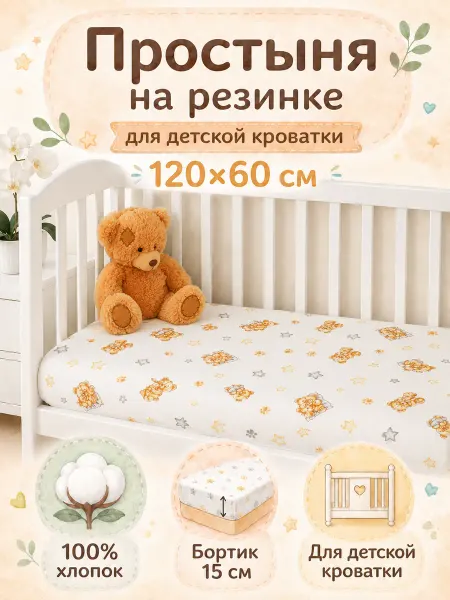 INIMI HOME Простыня на резинке 120х60 в детскую кроватку хлопок мишки