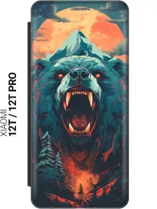 Чехол-книжка на Xiaomi 12T / 12T Pro / Сяоми 12Т / 12Т Про c принтом "Гризли при красной луне"