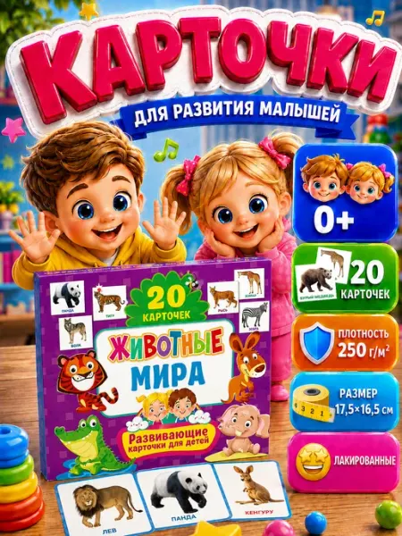 Владис Животные мира. Развивающие карточки для детей (20 штук)