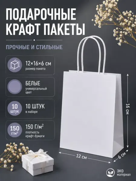 Тут позитив Подарочные маленькие крафт пакеты с ручками 12х16х6