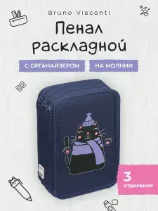 Bruno Visconti пенал школьный для девочек "SWEET CAT" синий, 200 х 130мм / школьный пенал 3 отделения