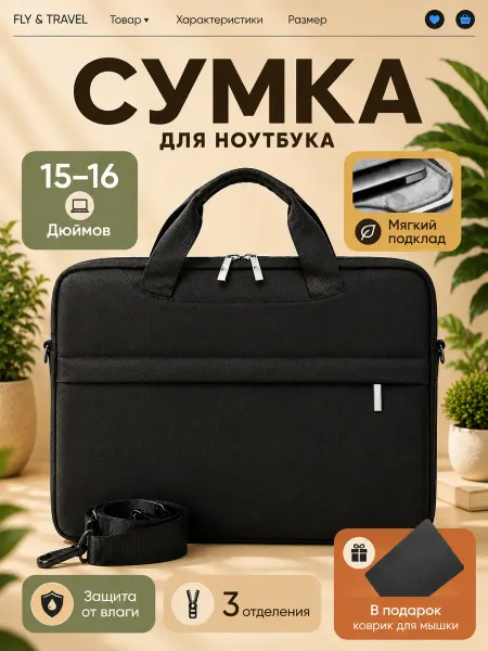 FLY&TRAVEL Сумка для ноутбука 15.6 16 дюймов через плечо с ремнем