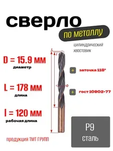 Сверло по металлу, цилиндрический хвостовик, ц/х, 15.9 Р9 ТМ*