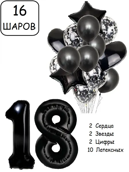 Патишар Шарики воздушные для фотозоны 16 чер цифра 18 лет набор