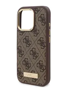 Чехол Guess Magsafe PU 4G на Apple iPhone 16 Pro Max из экокожи с функцией Магсейф, с металлическим кольцом для защиты камеры Plate metal logo, коричневый
