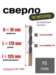 Сверло по металлу, цилиндрический хвостовик, ц/х, 16 Р9 ТМ*