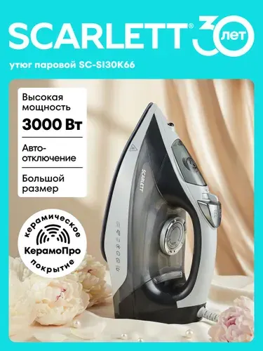 Утюг Scarlett SC-SI30K66, Керамическое покрытие, Мощность 3000 Вт, Паровой удар 165 г/мин (Вертикальное отпаривание, Самоочистка, Антикапля, Автоотключение)