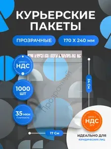 Курьерский пакет прозрачный 170х240 мм ( 17 х 24 см ) с клеевым клапаном, 1000 штук