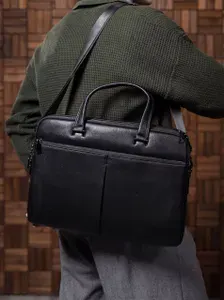 Selvia Портфель мужской из натуральной кожи, сумка на плечо для документов A4 и ноутбука 17 дюймов, черный