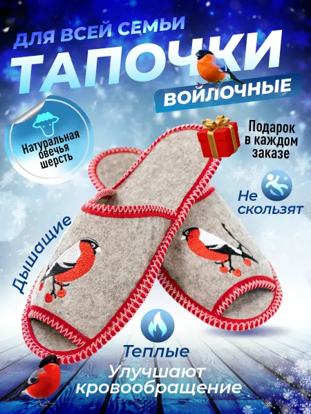 Экотека Войлочные тапочки домашние натуральные с вышивкой
