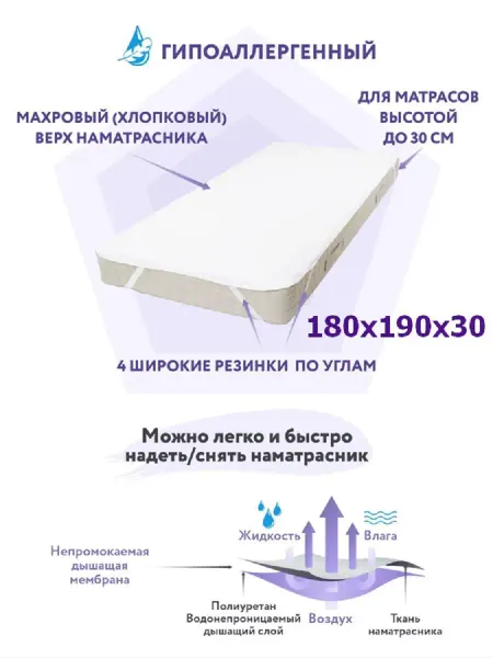 SmartLinen Наматрасник 180х190 непромокаемый на резинке