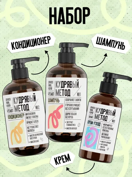 КУДРЯВЫЙ МЕТОД Набор шампунь, кондиционер и крем для кудрявых волос 1250 мл