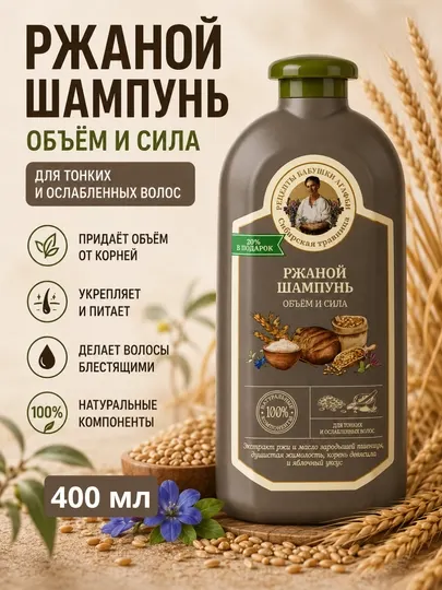 Шампунь для волос, тонких и ослабленных Сибирская травница "Объем и сила. Ржаной", 500 мл