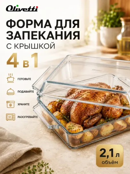 Olivetti Форма для запекания в духовке стеклянная, 2.9 л с крышкой