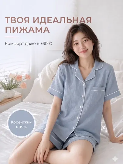 Пижама женская летняя, комплект из 2 предметов, рубашка и шорты, M-XL
