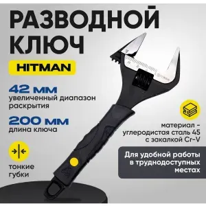 Ключ разводной Hitman 200 мм,тонкие губки,увеличенный диапазон раскрытия (до 42 мм)