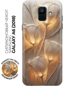 Силиконовый чехол на Samsung Galaxy A6 (2018) с принтом "Тюльпаны на бежевой стене"