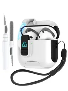Чехол для наушников AirPods 4 (2024) пластиковый с замком и шнурком + щетка, черно-белый