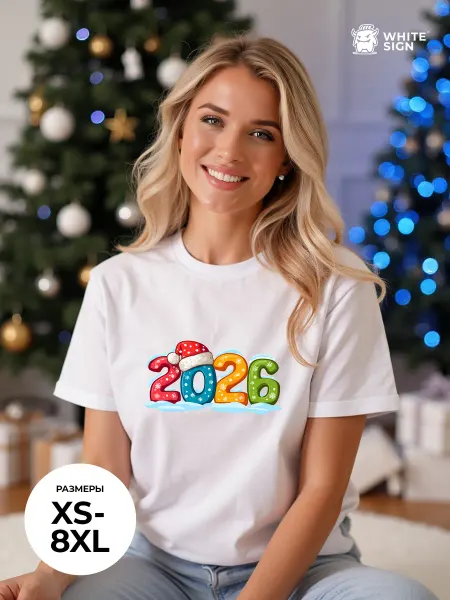 White Sign Футболка с надписью "2026" новогодняя оверсайз хлопок