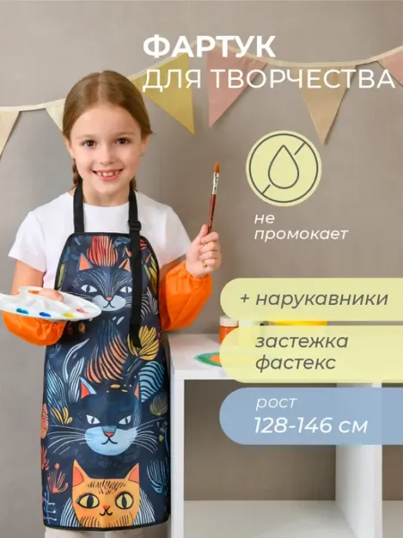 Всё на местах Фартук и нарукавники для рисования для девочек непромокаемый
