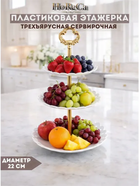 HoReCa PROFI Этажерка трехъярусная сервировочная белая 22 см пластик
