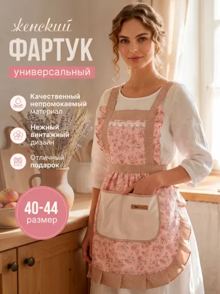Все для кухни Ретро фартук кухонный хлопковый с рюшами и карманом