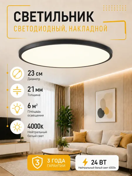 Apeyron Светильник потолочный светодиодный 24Вт, 23см Спот 4000К