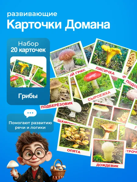 Вундеркинд с пеленок Карточки "Грибы" (мини), по методике Г. Домана, 20 шт