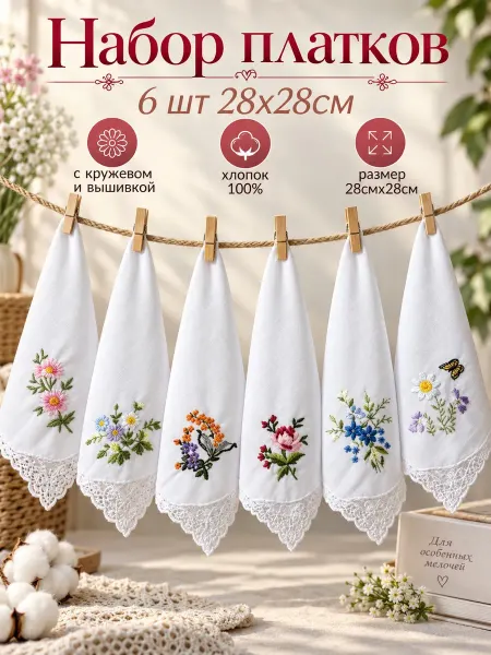 Lapastel Набор платков 6 штук 28х28 см. с кружевом и вышивкой
