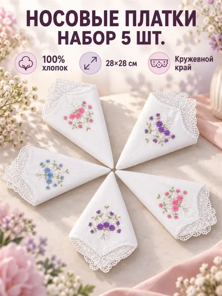 Pastel_lux Набор платков 28х28 см 5 штук белые с вышивкой