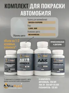 Комплект для покраски SKODA SUPERB, код LS9R, S9R, MOON WHITE, базовая автомобильная краска 250 мл, лак 2K 250 мл с отвердителем, разбавитель 125 мл, FixPaint Pro