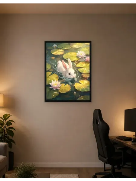 Postersbase Плакат Картина «Белый кролик в пруду с лилиями» 30x40