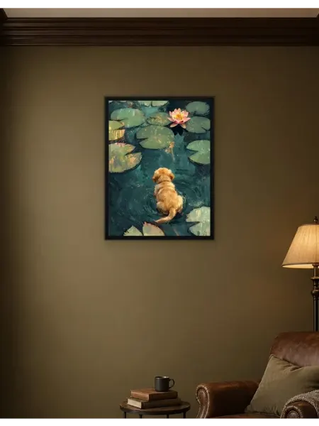 Postersbase Постер Картина «Пруд с щенком и кувшинками» 30x40