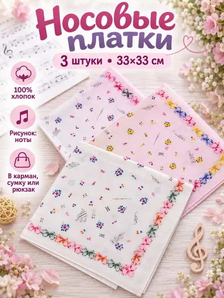 Pastel_lux Набор носовых платков 3 шт. 33х33 см. ноты