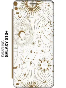Чехол-книжка на Samsung Galaxy S10+ / Самсунг С10 Плюс с 3D принтом "Карта звездного неба" золотой