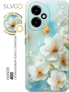 Силиконовый чехол на Honor 400 с принтом Цветы, бабочки, золото, trn