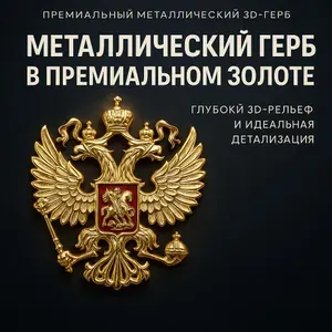 Золотистый значок с гербом России двуглавый орёл, патриотический сувенир в золотой упаковке