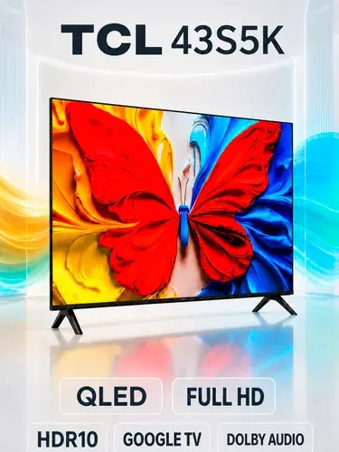 TCL Телевизор 43S5K, Смарт ТВ, Технология подсветки Direct LED, Технология экрана QLED, Dolby Audio, HDR10, HLG, Голосовой помощник Google, Частота обновления 60 Гц, Диагональ 43" Full HD, черный