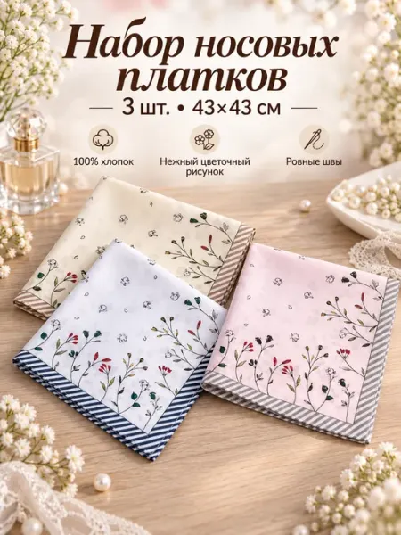 Pastel_lux Набор носовых платков 3 шт. сатин 43х43 см
