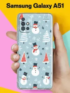 Новогодний чехол на Samsung A51 4G Снеговики и ёлки для Самсунг А51