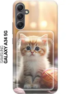 Силиконовый чехол на Samsung Galaxy A34 5G / Самсунг А34 с рисунком "Котик и нитки" и карманом для карт