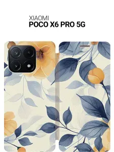 Чехол-книжка на Xiaomi Poco X6 Pro 5G с принтом "Оранжевые маки" золотой