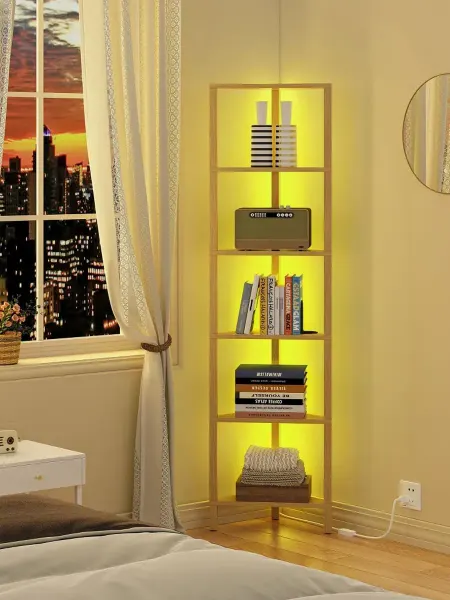 Угловой стеллаж 6 уровней с LED, дерево для книг