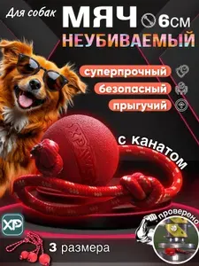 Мячик для собак на веревке 6 см / XPAWS / суперпрочный мяч для средних пород и мелких / игрушка для собак на канате