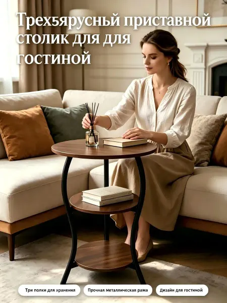 Трехъярусный круглый журнальный столик для гостиной и дома